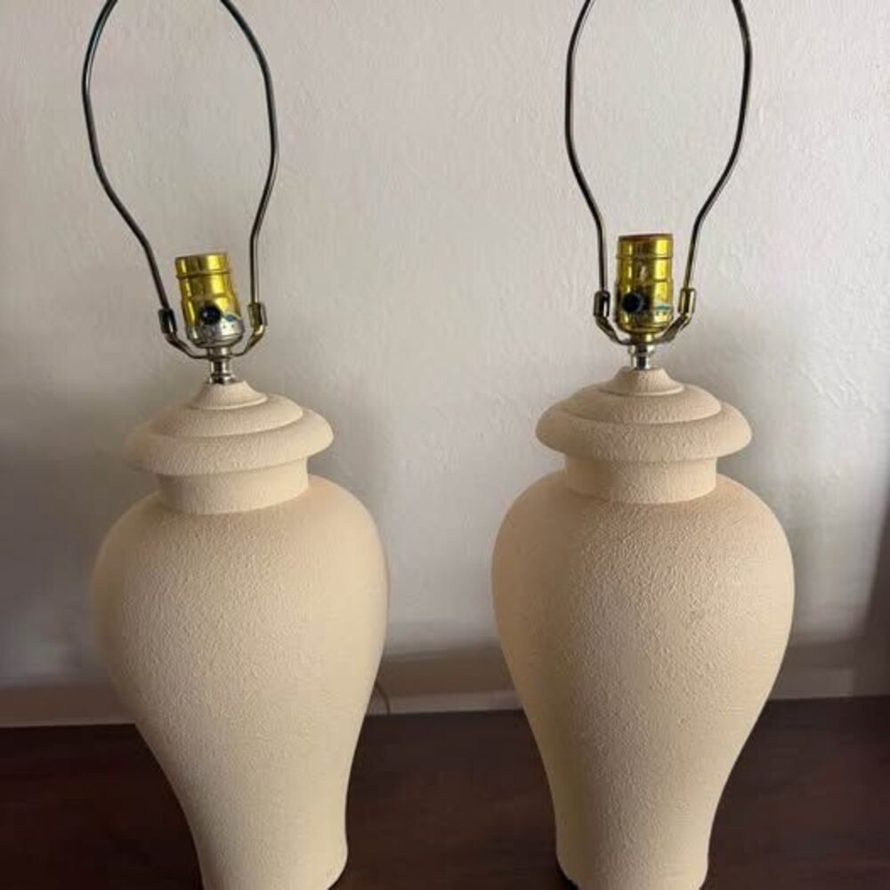 Vintage 1980s Textured Plaster Urn Table Lamps Pair Cream Postmodern
